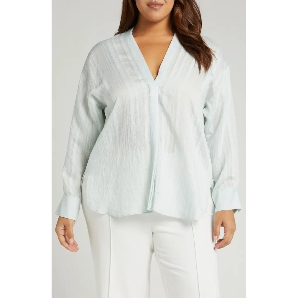 Vince Top Women's L Mint Drapey Striped V-Neck‎ Long Sleeve Hidden Button Flowy